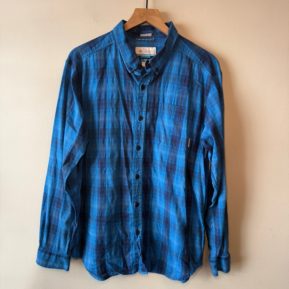 Columbia Men's Blue Plaid Regular Fit Long Sleeve Button Down Shirt Size Large